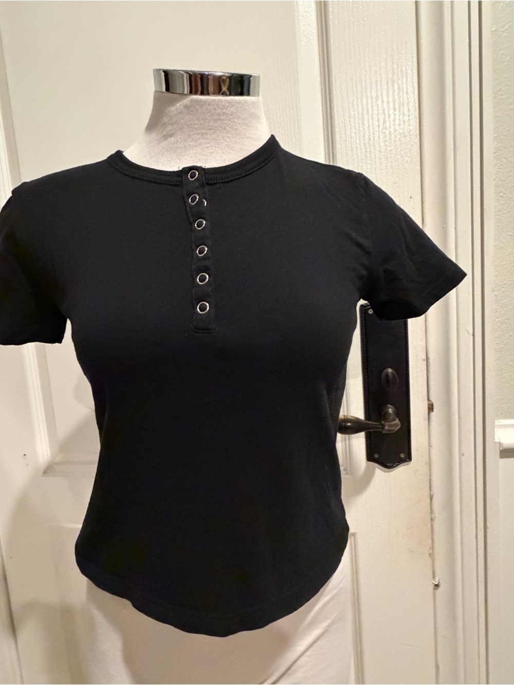 Zara Black Short-Sleeve Henley Top with Grommet Placket